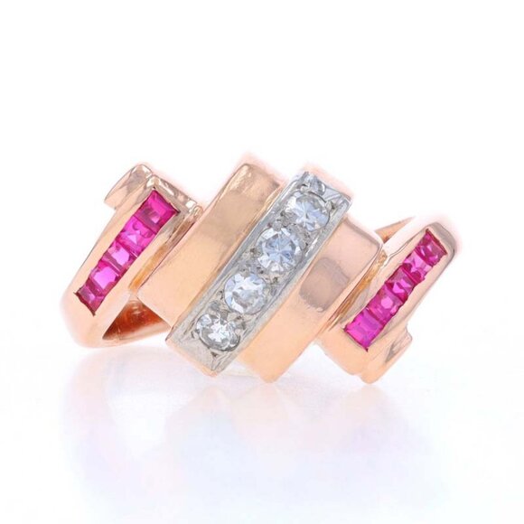 Rose Gold Diamond Lab-Created Ruby Retro Bypass Ring - 14k .40ctw Vintage Scroll